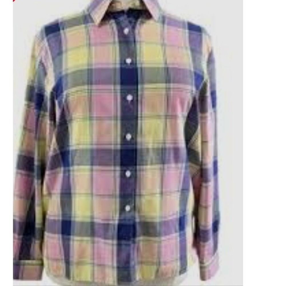 Foxcroft Plaid Pastel Shirt 12 Pink Yellow Blue Cotton Blend Vintage 90s Preppy
